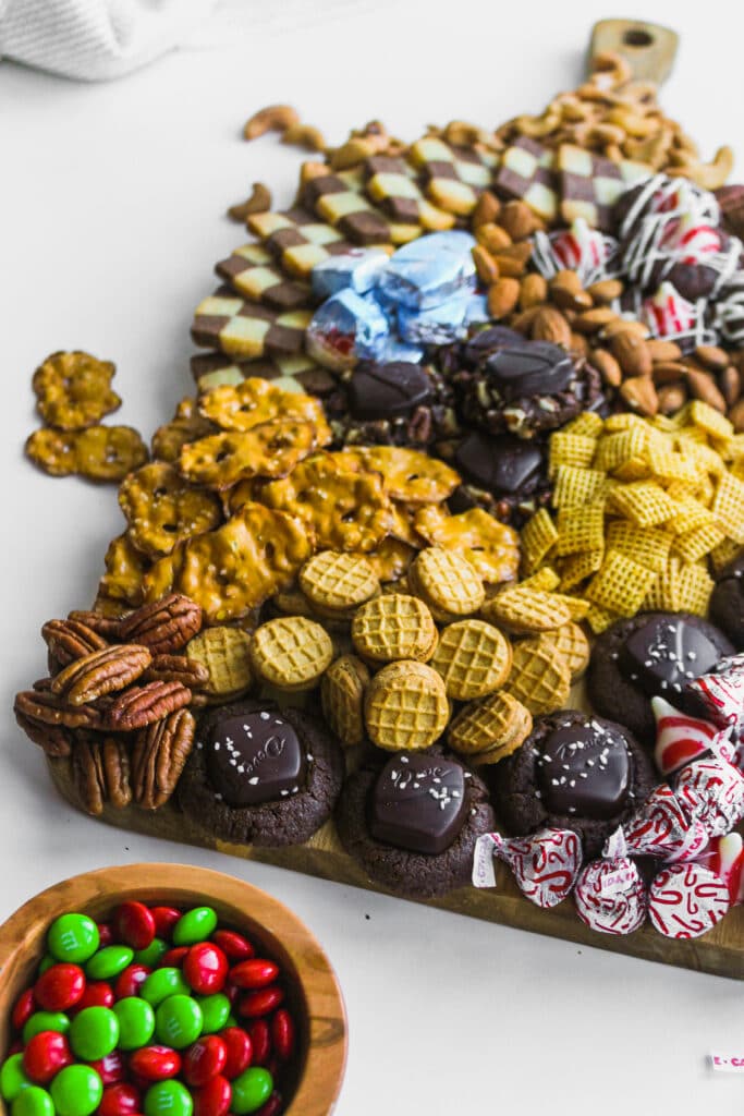 Close up of some of the cookies and treats on the holiday dessert board.