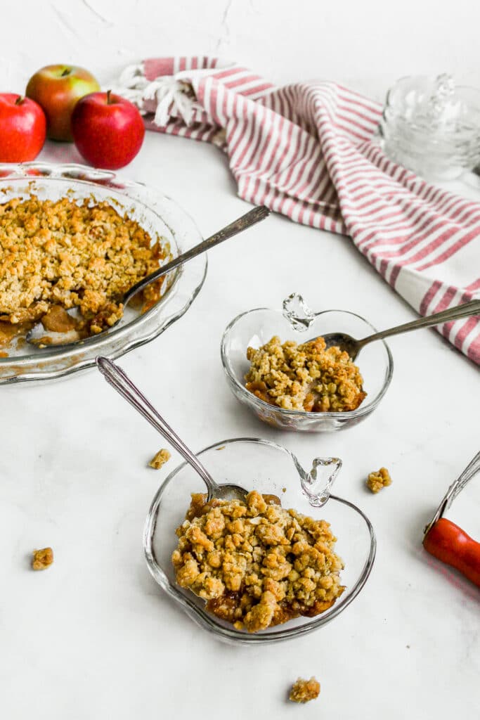 Close up of the oatmeal crumb topping in a dish.