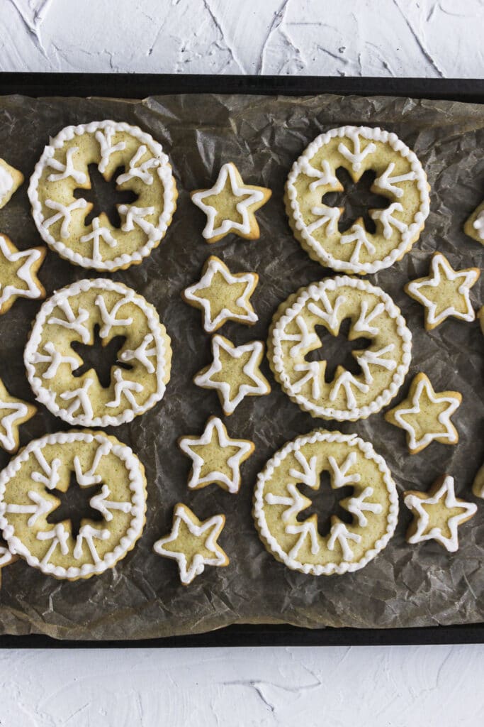 Overhead of decoraged sugar cookies.