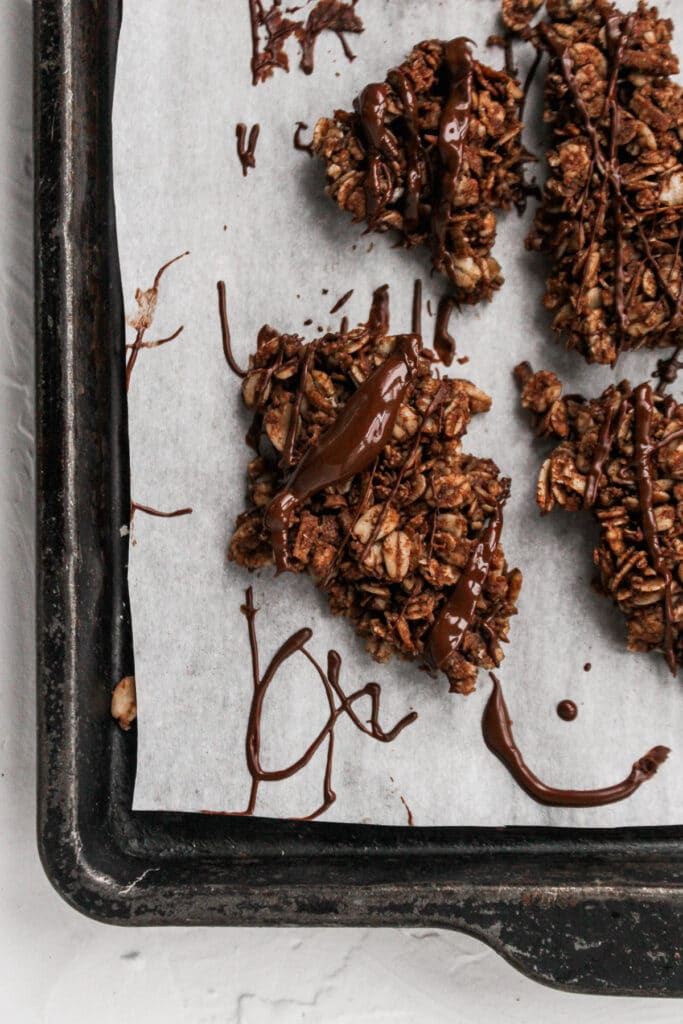 Chocolate granola with a melted chocolate drizzle.