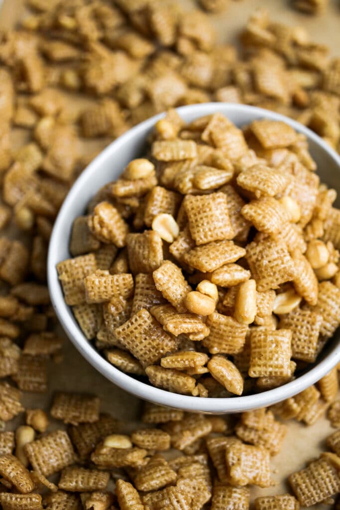 Here is caramel sweet chex in a bowl.