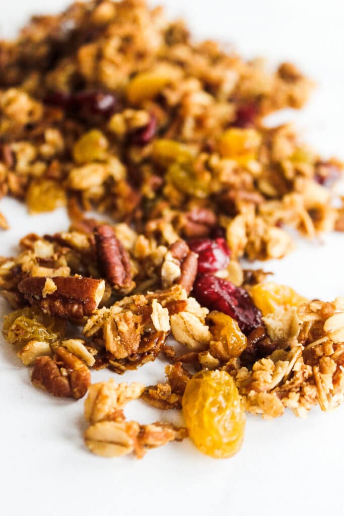 Close up of the pecan granola with dried fruit (cranberries and golden raisins).