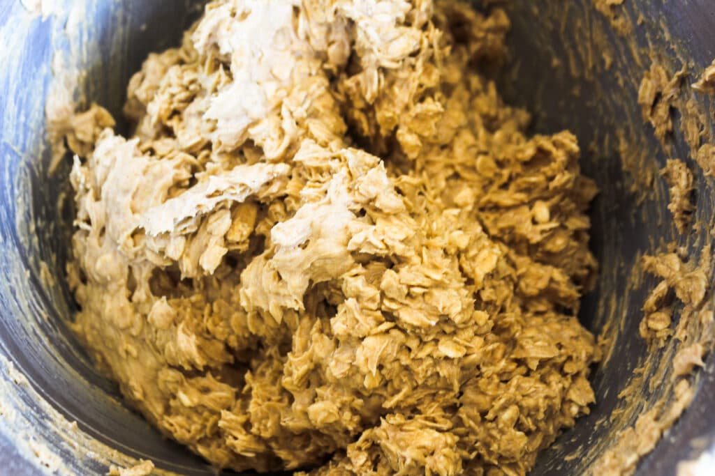 Cookie dough being mixed.