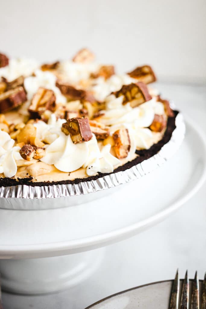 Close up of no bake snickers pie.