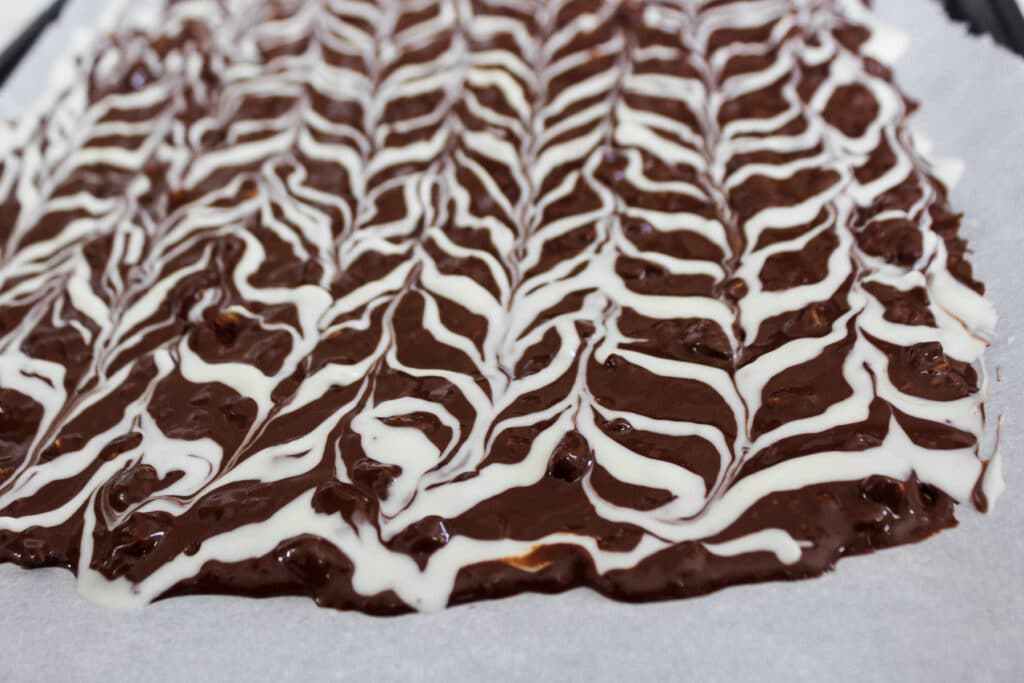 Cooled and hardened swirled chocolate bark.