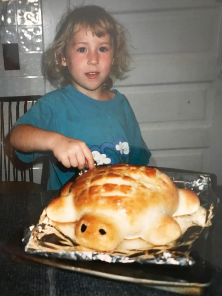 Baking turtle bread as a child.