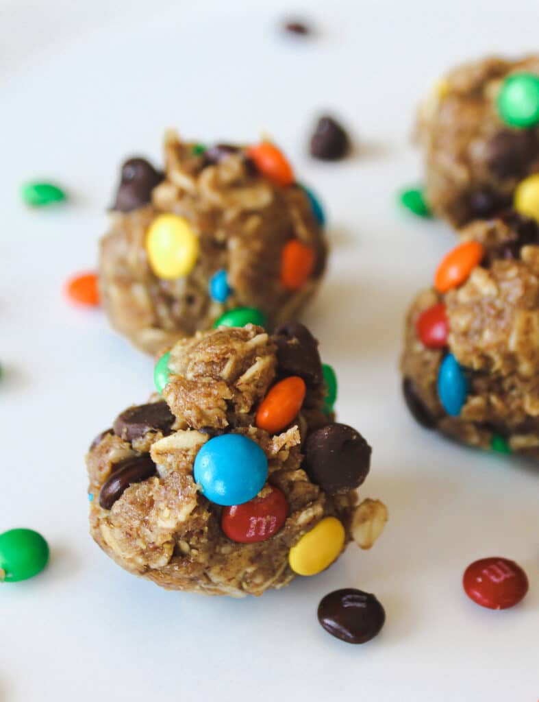 Close up of monster energy balls, which would be a healthy snack choice for runners.