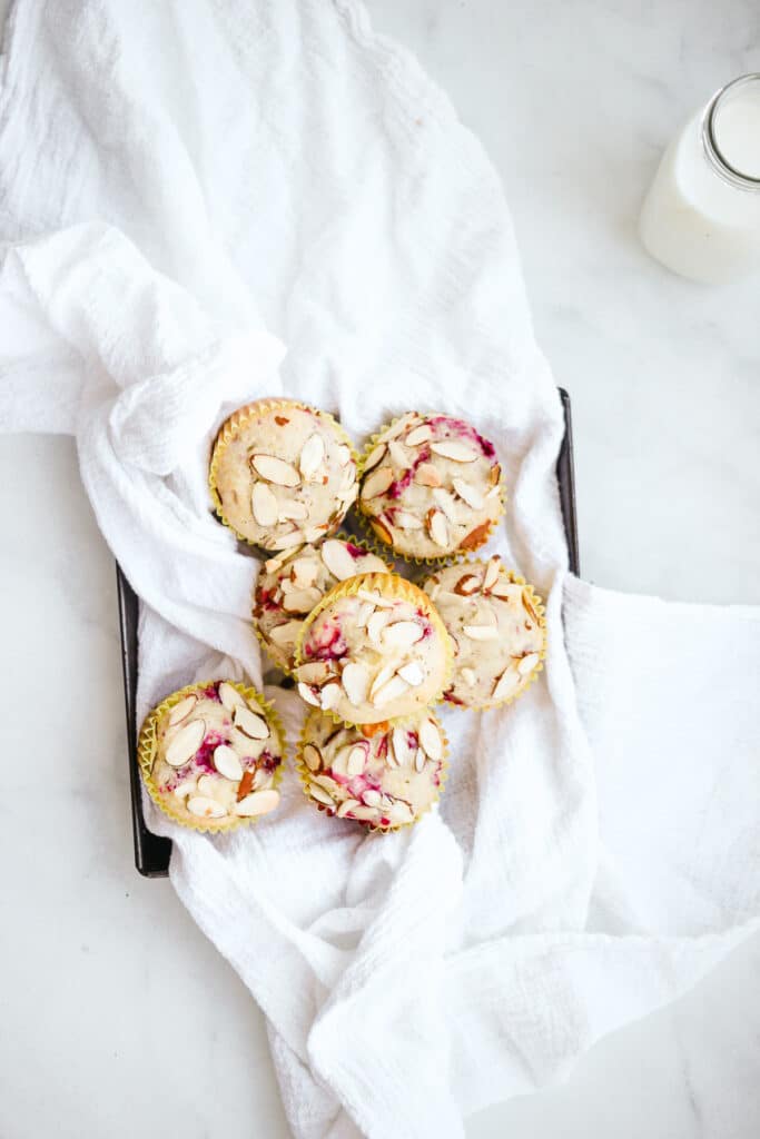 Platter of raspberry almond muffins. 