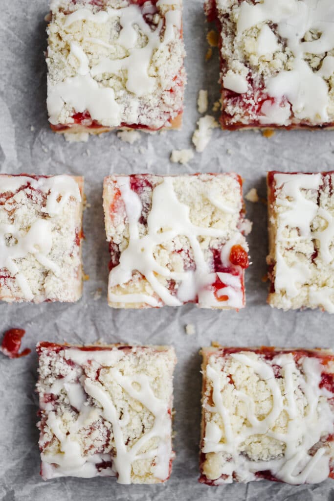 Overhead photo of the cherry streusel almond coffeecake slices.