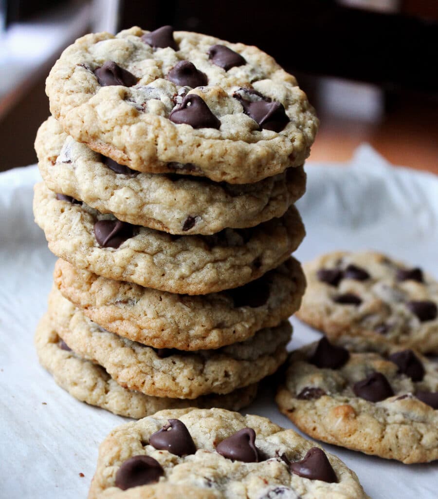 Potbelly's copycat oatmeal chocolate chip cookies in a stack.