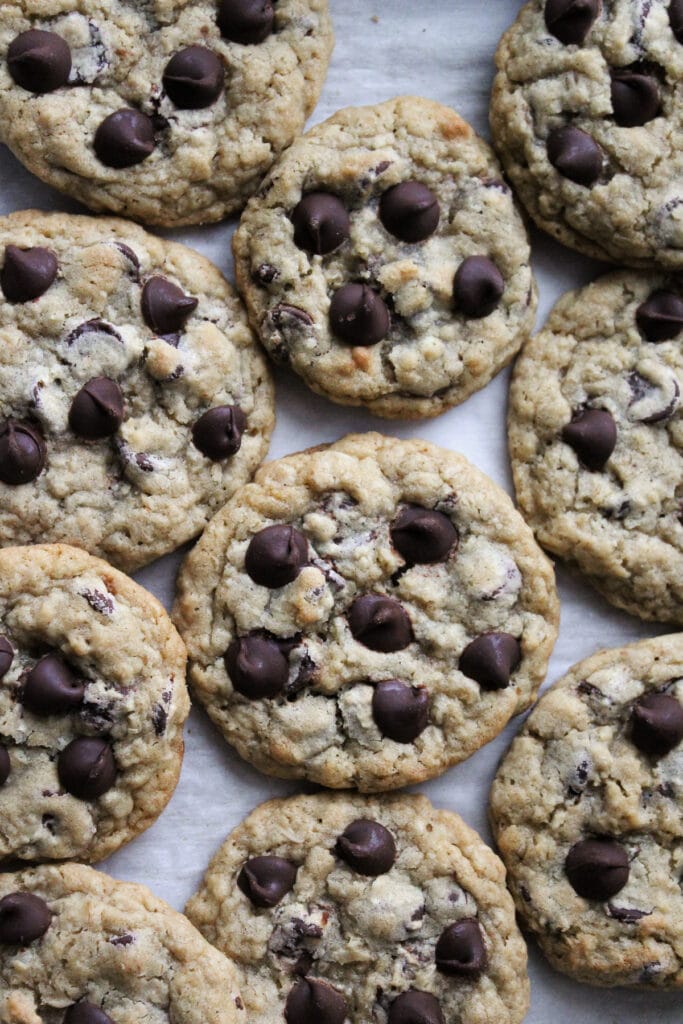 Overhead photo of the Potbelly's copycat oatmeal chocolate chip cookies with extra chocolate chips.