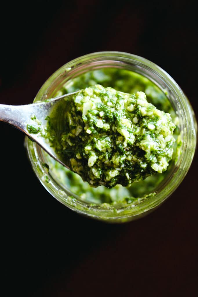 Spoonful of prepared classic pesto.