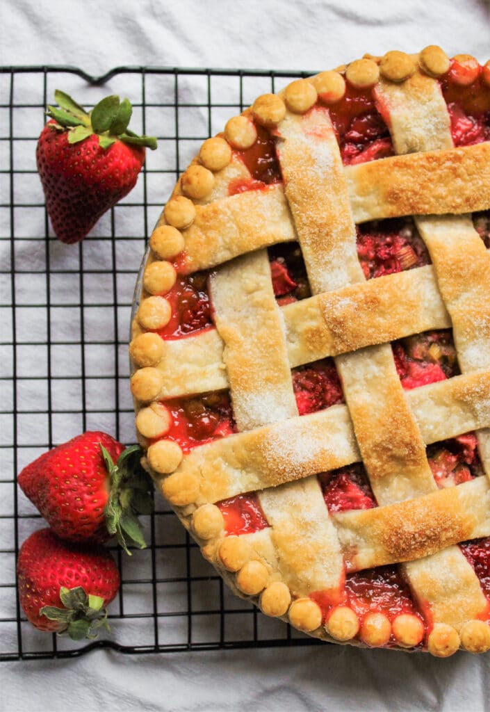 Top view photo of the pie to see the lattice and dot crust.